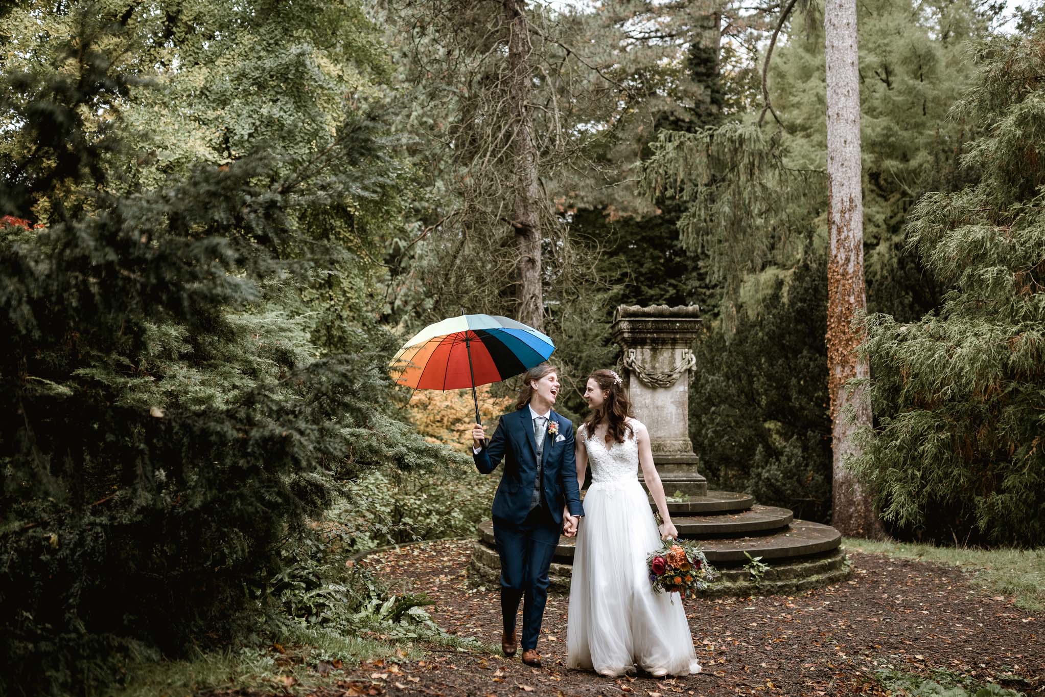 Wedding couple pose with umbrella