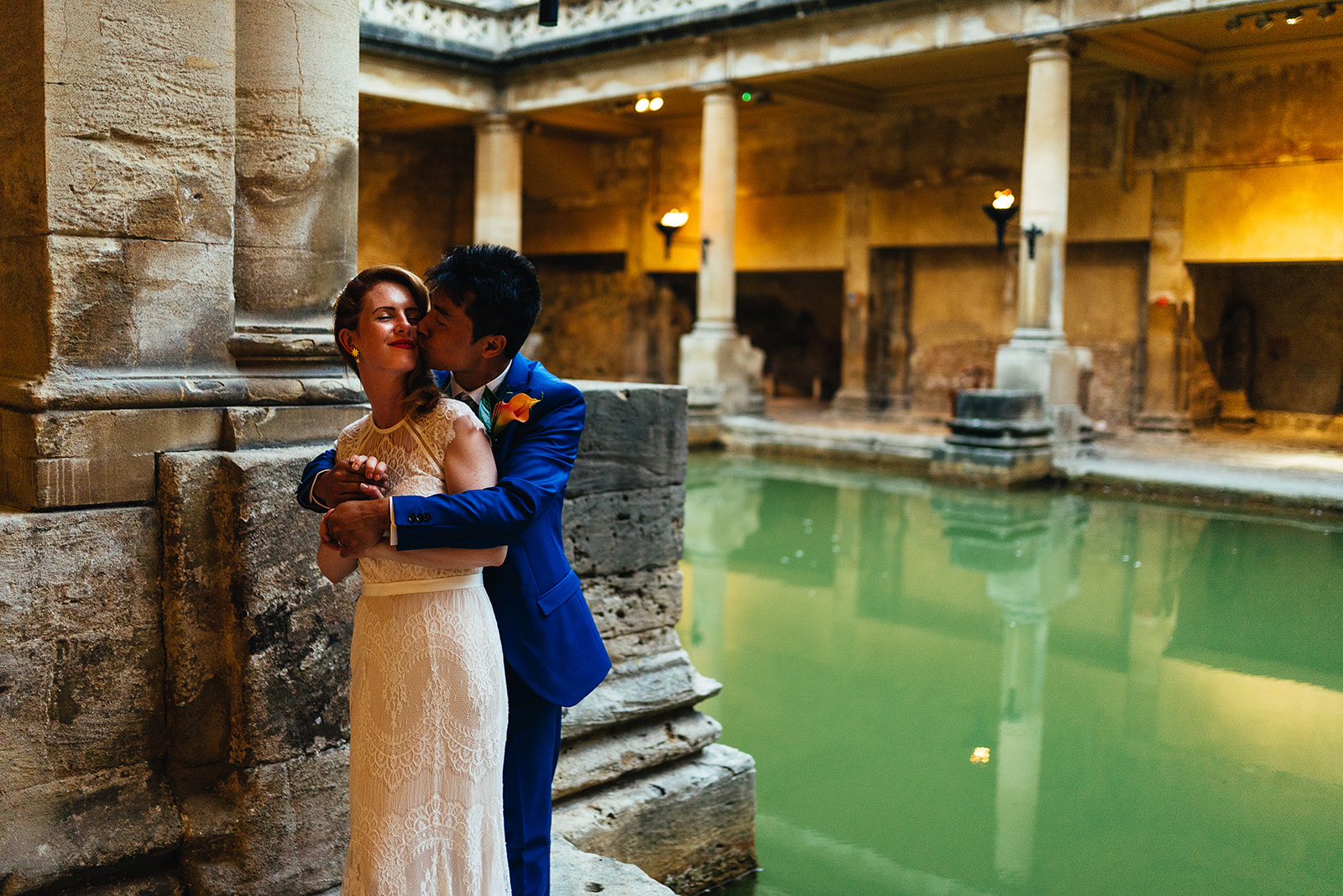 Wedding couple beside the Great Bath, Freya Steele Photography