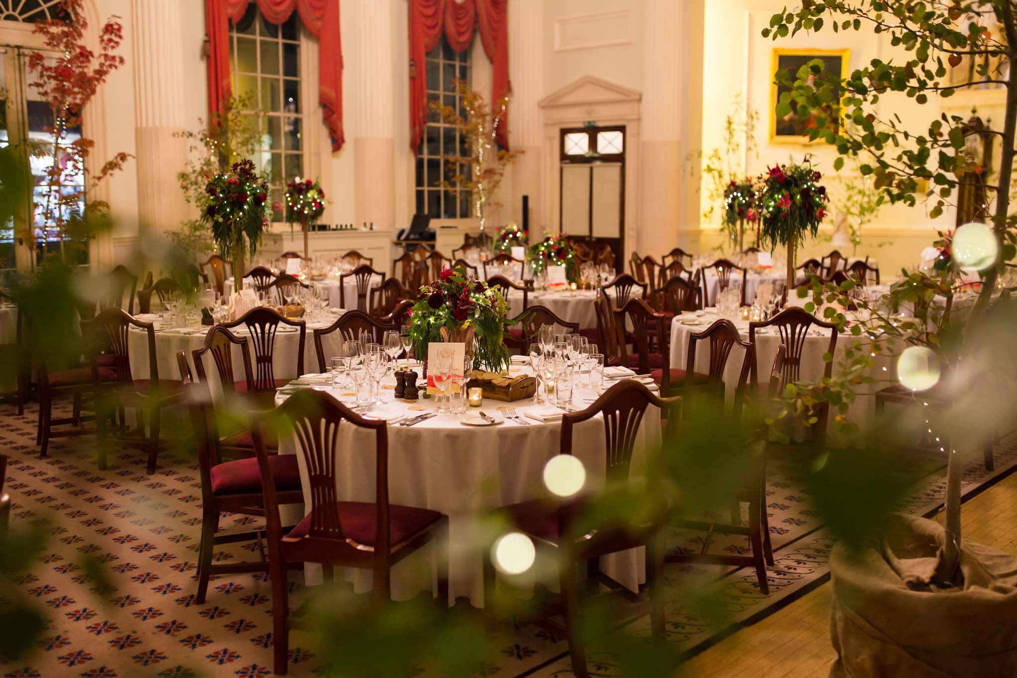 Pump Room wedding reception, decorated with trees