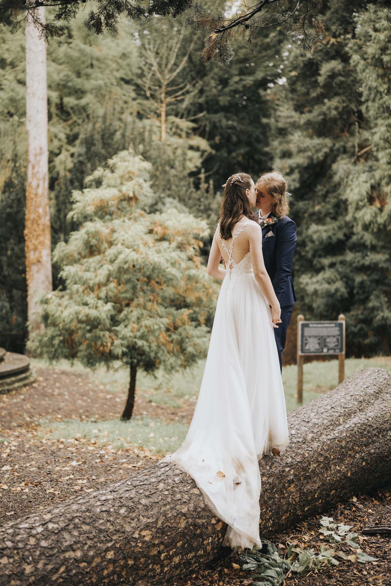 Wedding couple stand on log