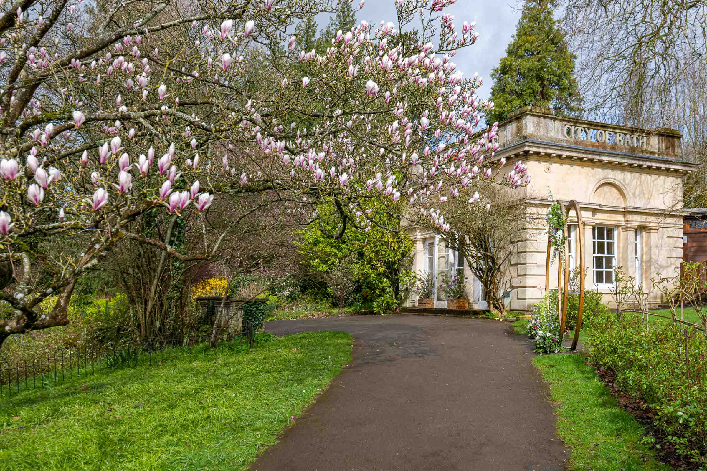 The exterior of the Temple of Minerva with magnolia trees in bloom