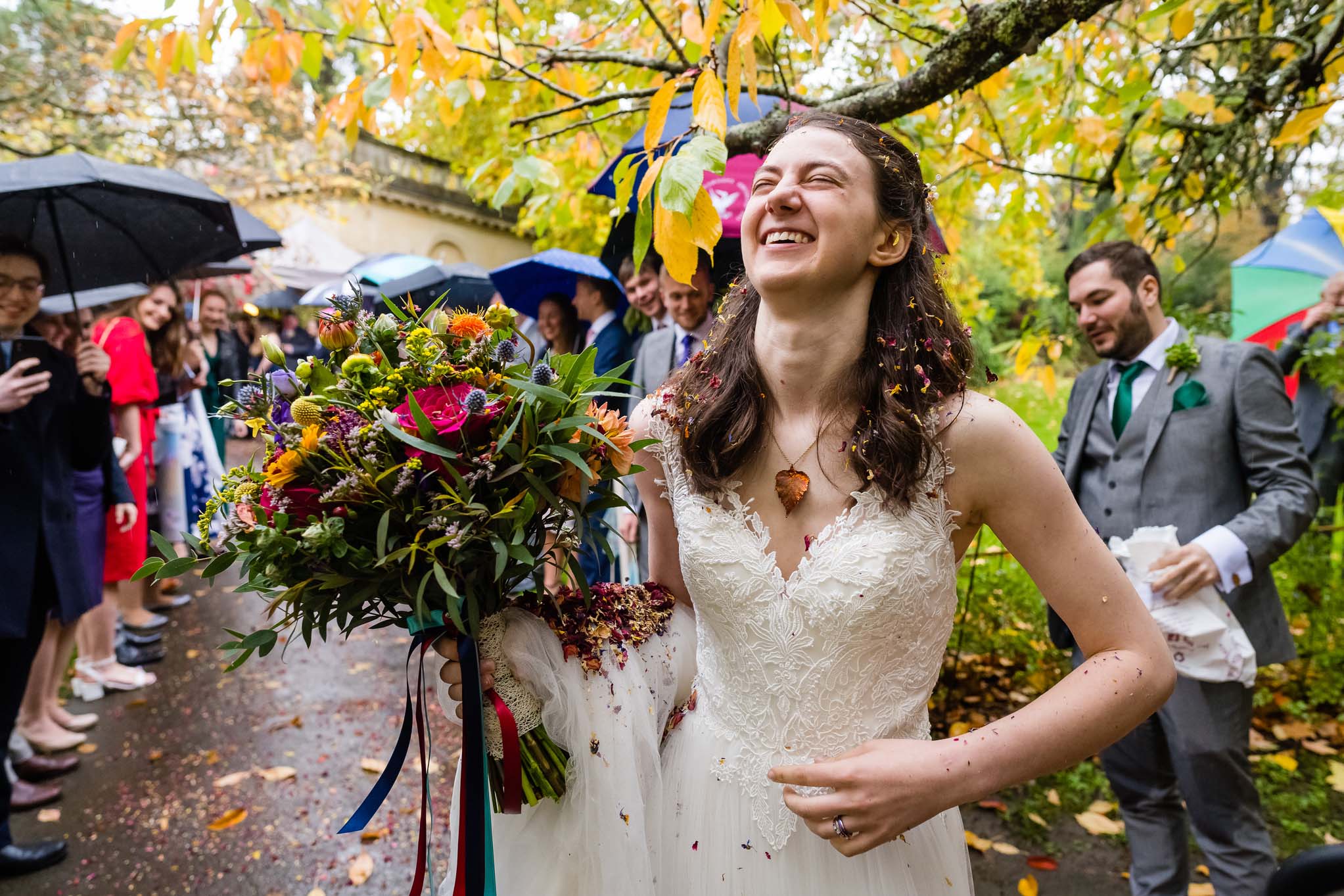 Bride covered in confetti