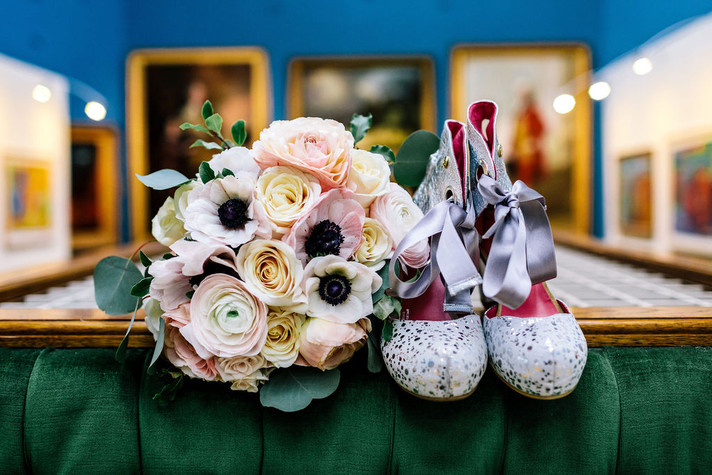 Wedding shoes and flowers in Upper Gallery