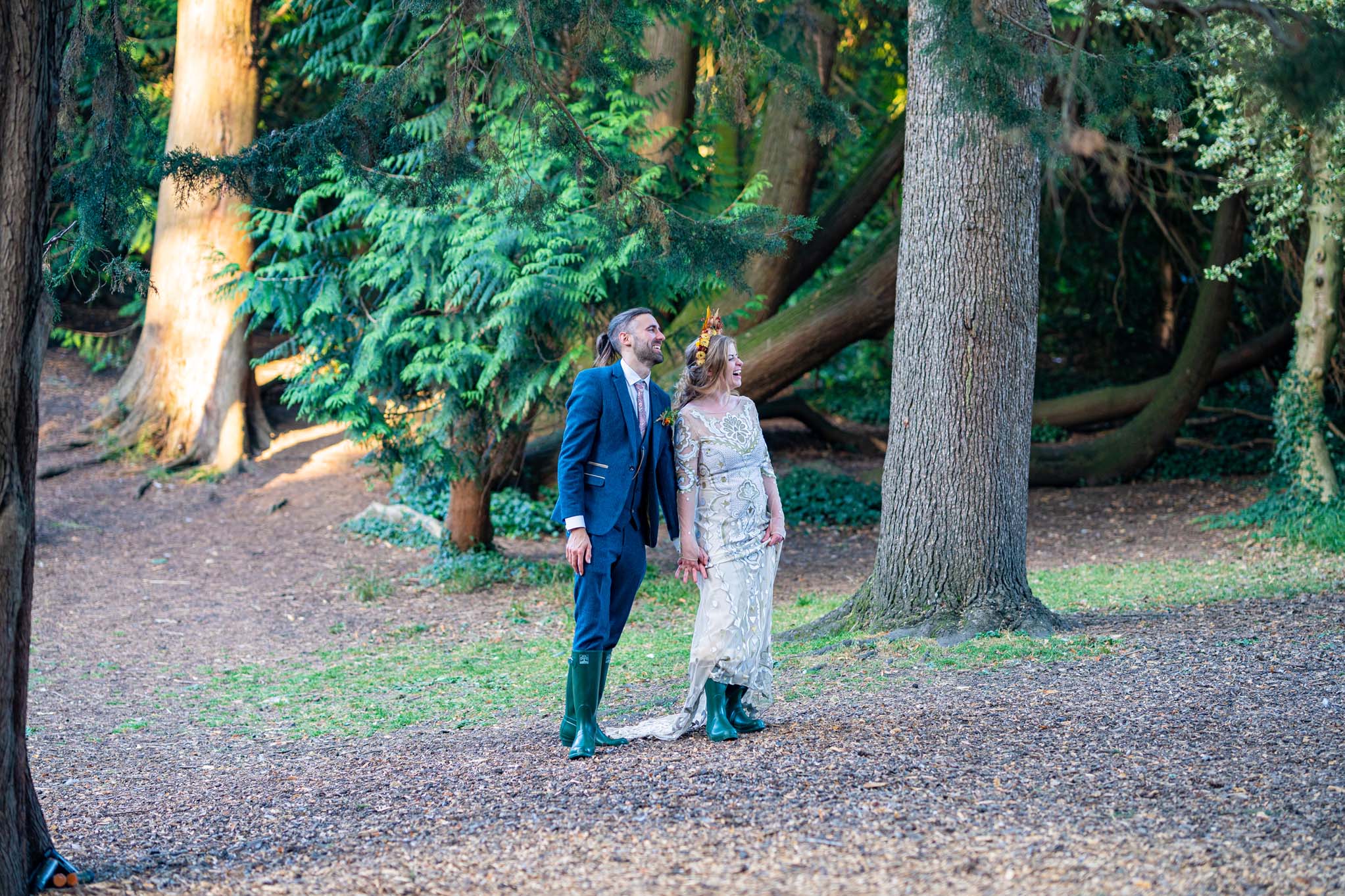 Wedding Couple walking through the Dell